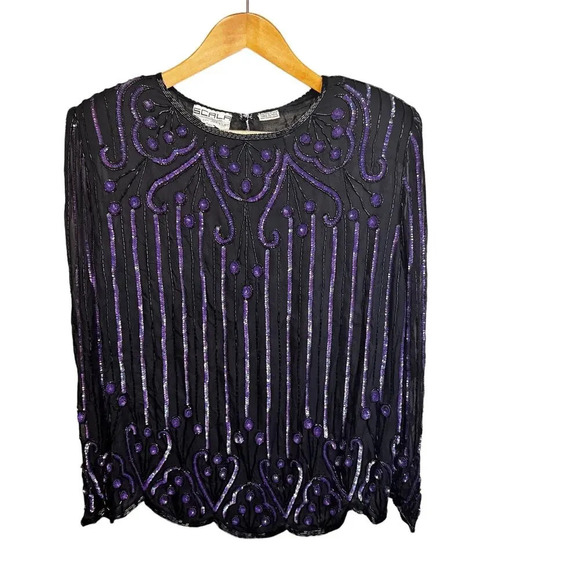 Scala Tops - Vintage Scala Silk Blouse Black Purple Beading Sequins Long‎ Sleeve Women's XL